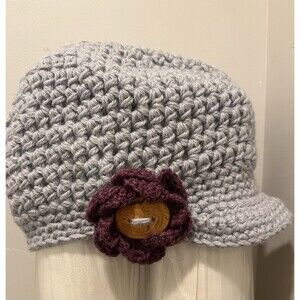 Women’s Gray Crochet Newsboy Beanie Hat Handmade Maroon Flower Wood Button